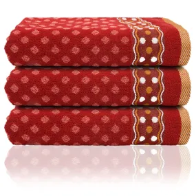 Heart Home Luxurious Dot Printed Soft Cotton Bath Towel Perfect for Daily Use, 30"x60" - Pack of 3 (Red)-50HH01787