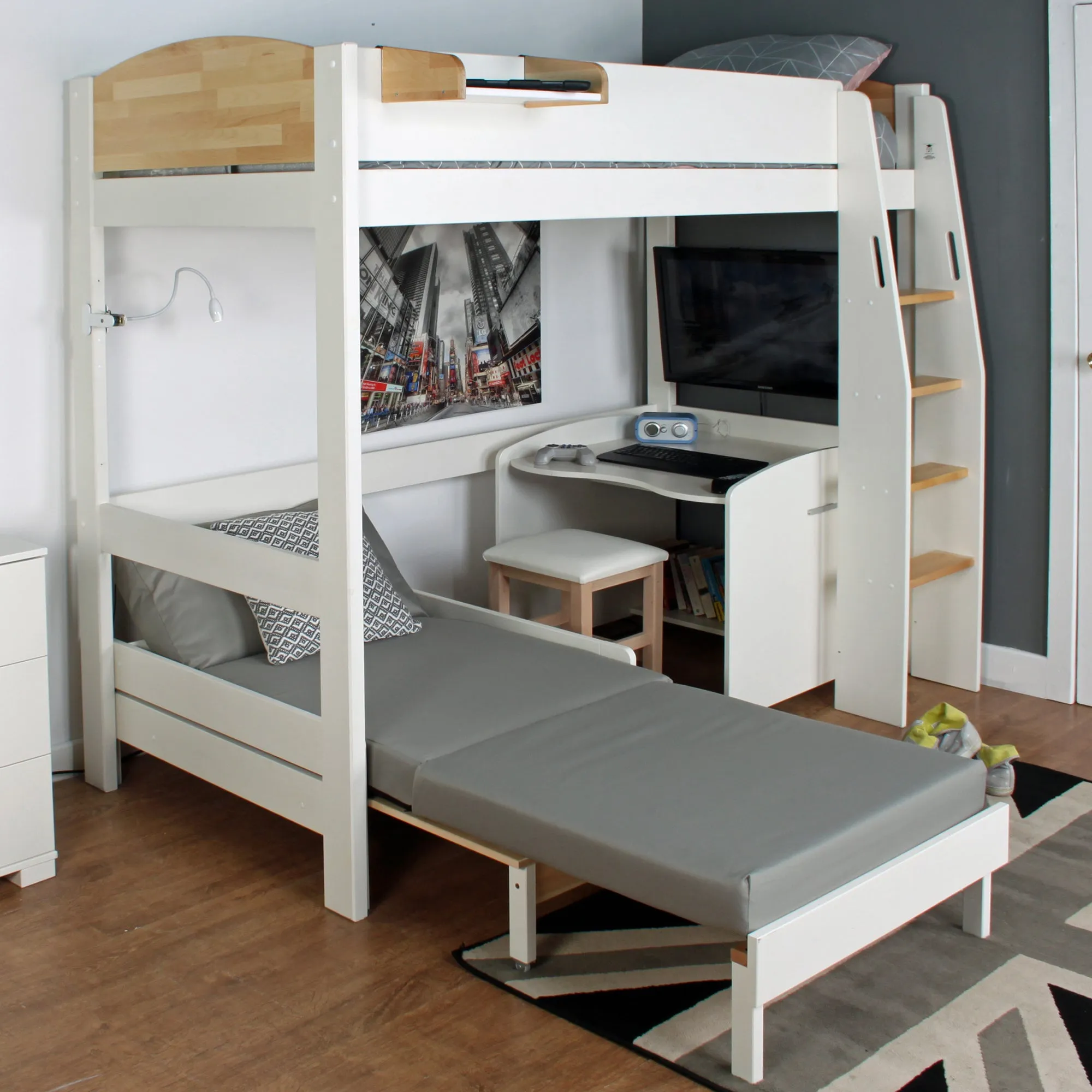 High Sleeper 1 Urban White & Birch with Sofabed & Desk Kids Avenue