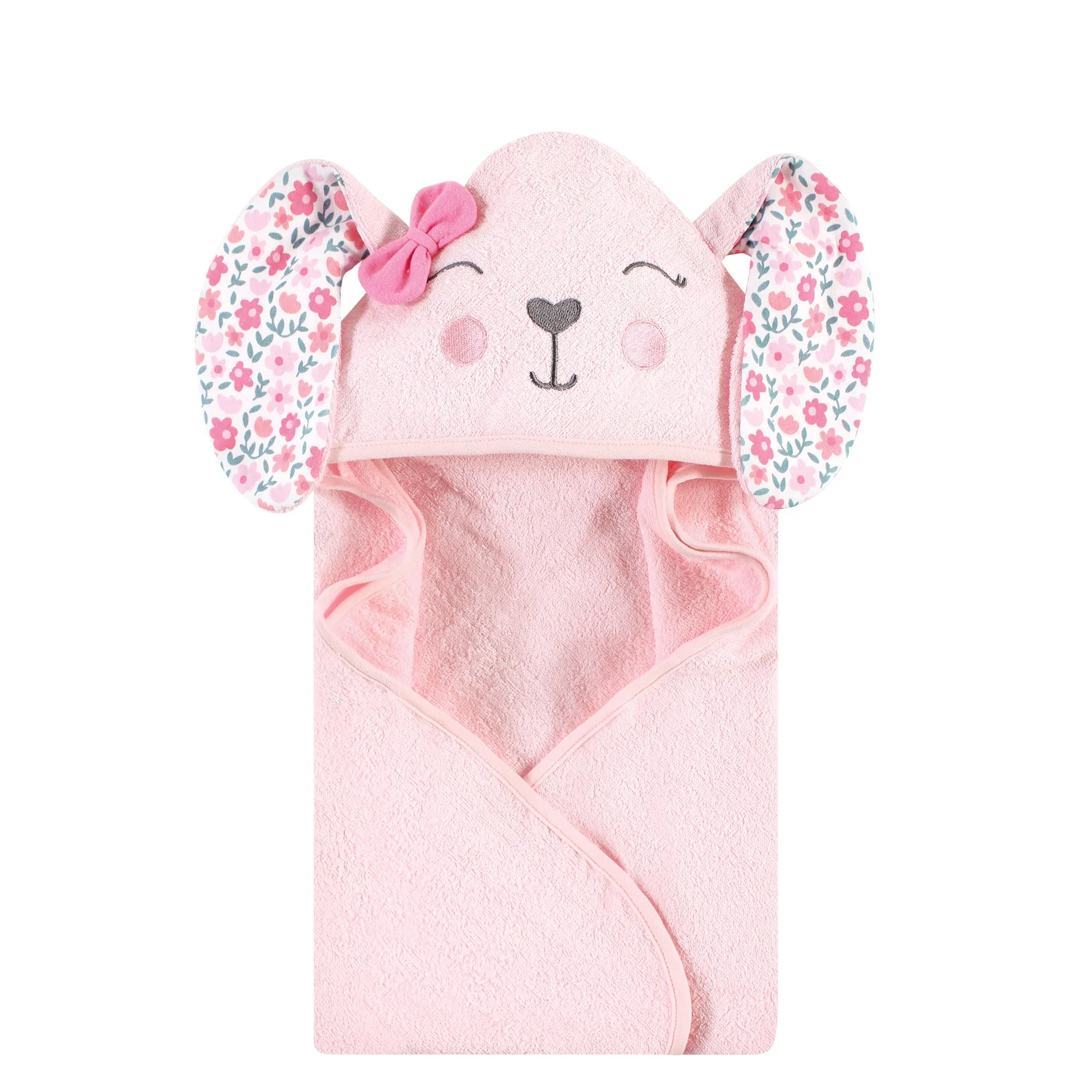 Hudson Baby Cotton Animal Face Hooded Towel, Floral Bunny