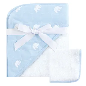 Hudson Baby Cotton Hooded Towel and Washcloth, Blue Elephant