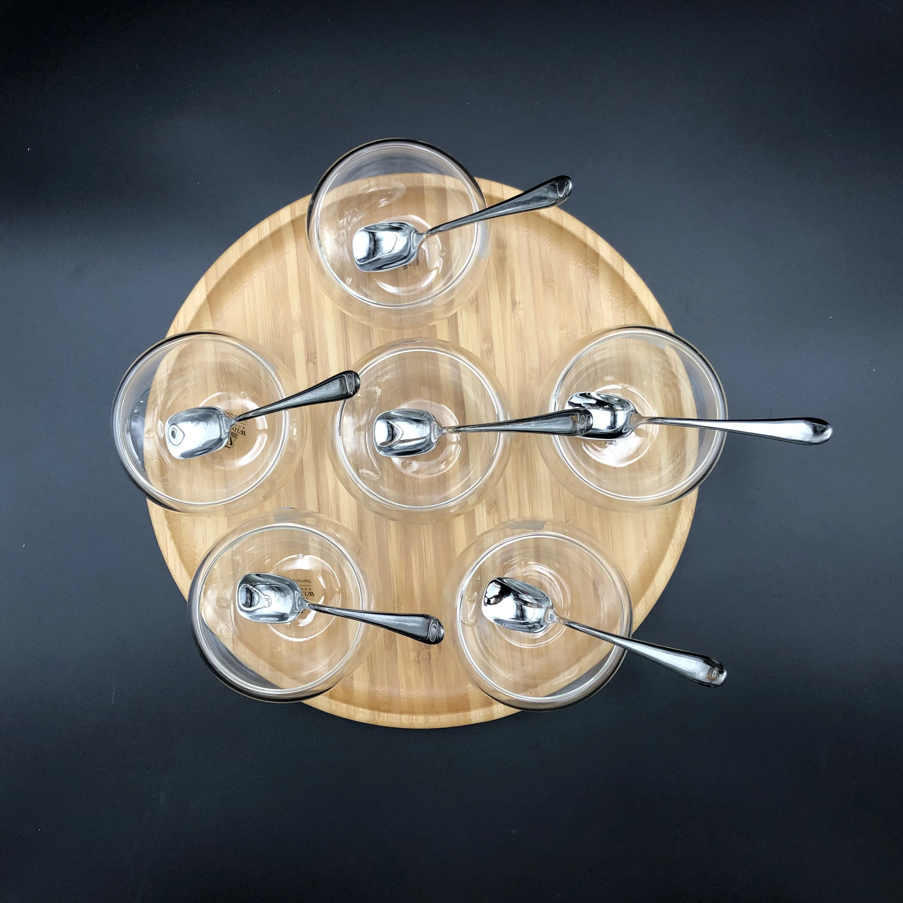 Ice-Cream Presentation Set With 6 Large Thermo Bowls And Spoons And Round Bamboo Platter