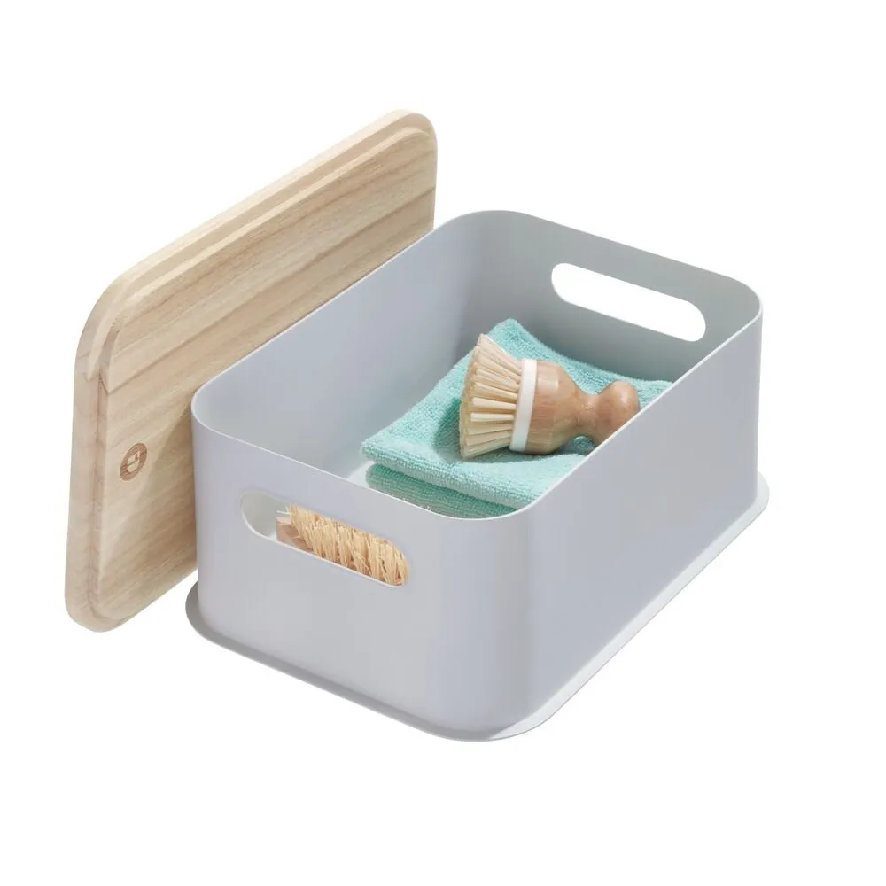 iDesign Eco BPA-Free Plastic Medium Lidded Bin with Handles, Wood/Gray