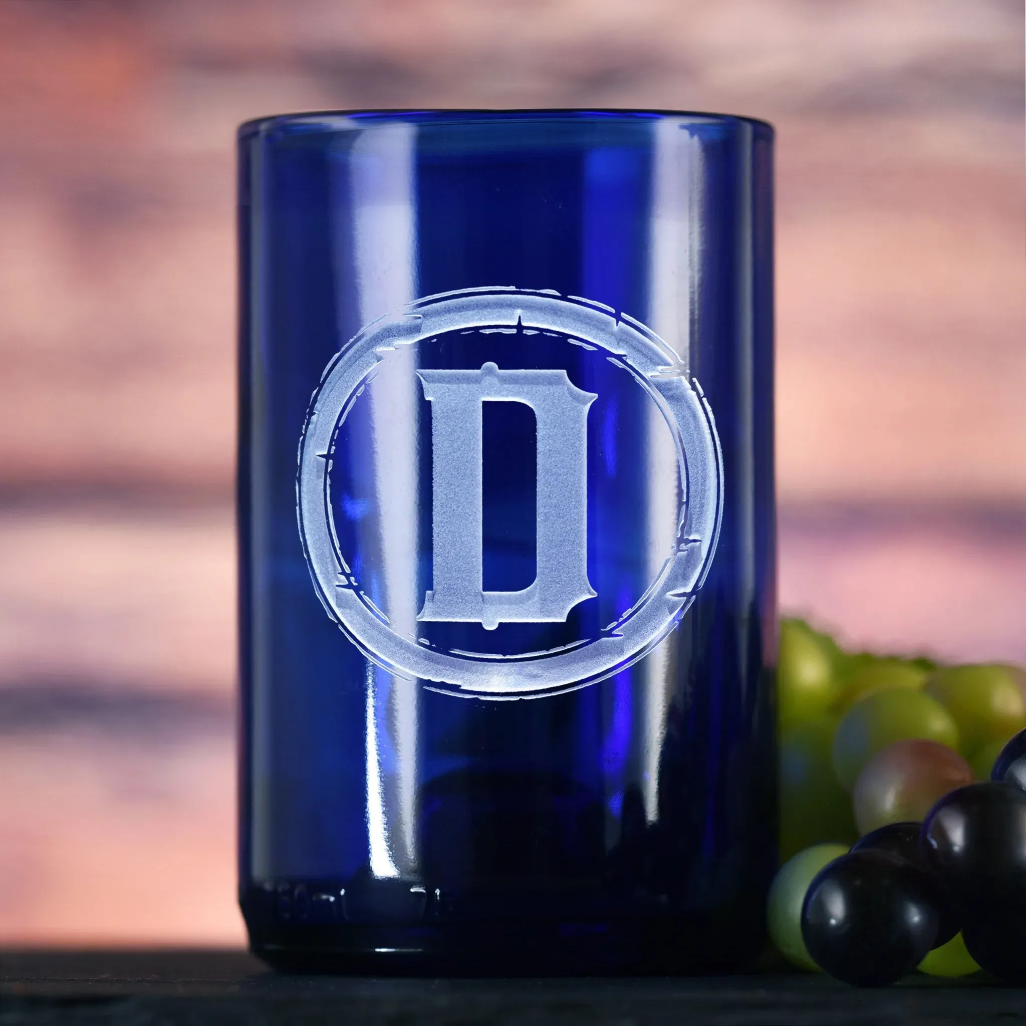 Initial Engraved Blue Recycled Wine Bottle Glass Tumbler