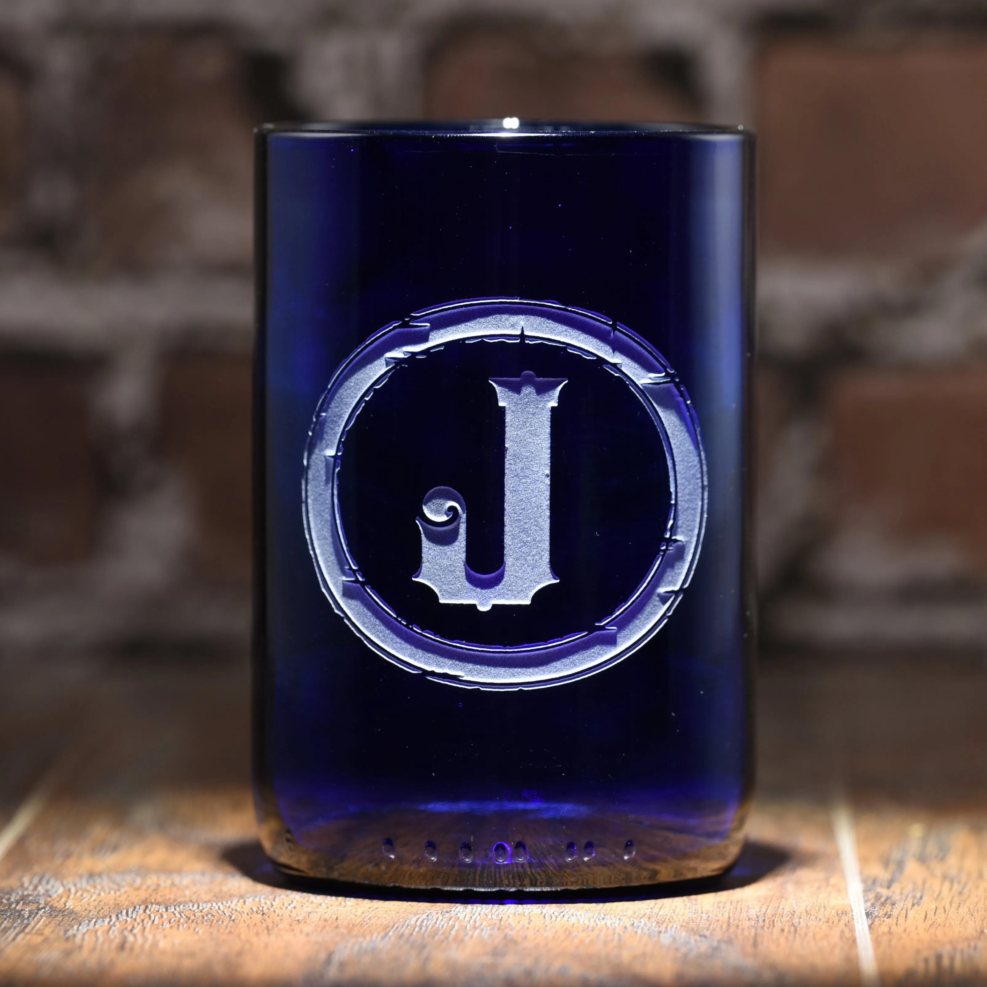 Initial Engraved Blue Recycled Wine Bottle Glass Tumbler