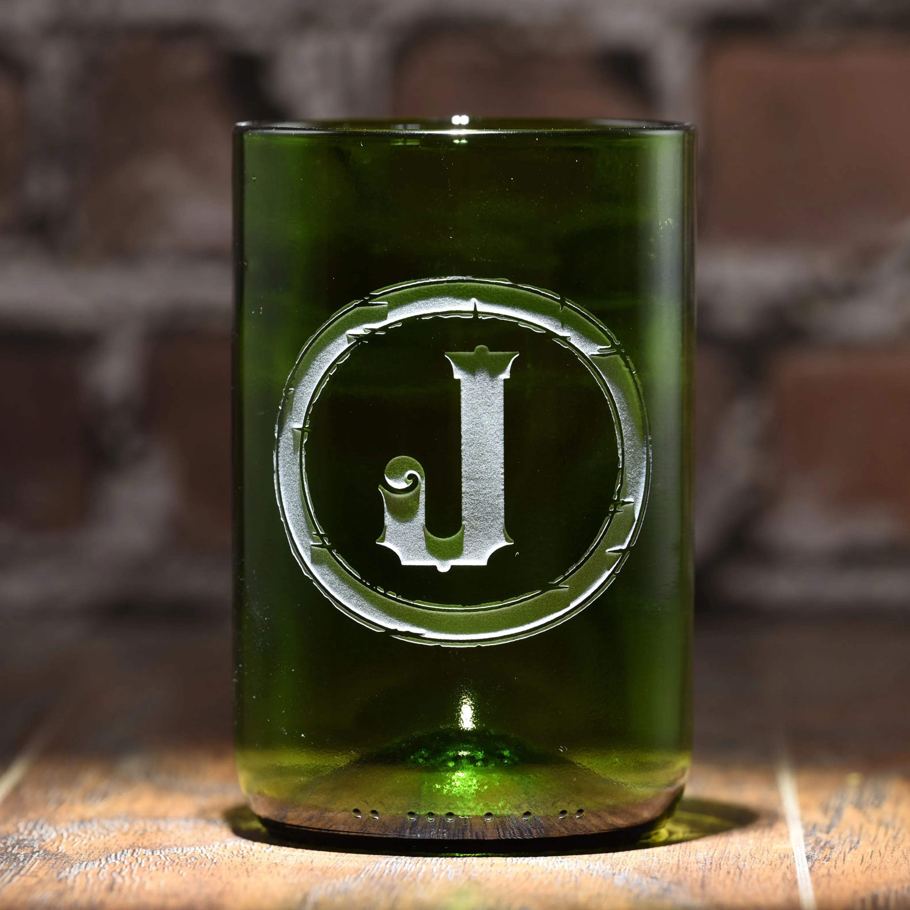 Initial Engraved Green Recycled Wine Bottle Glass Tumbler