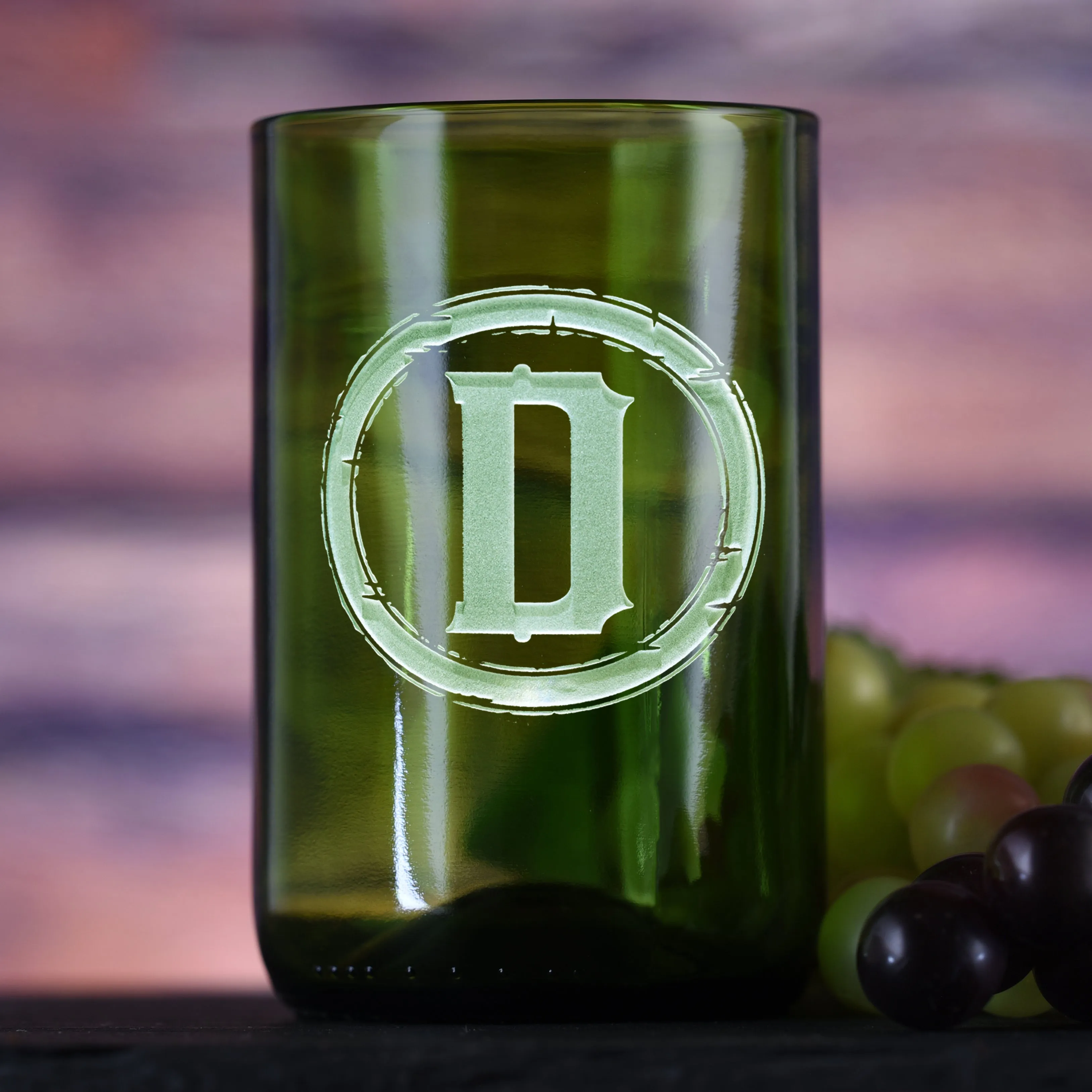 Initial Engraved Green Recycled Wine Bottle Glass Tumbler