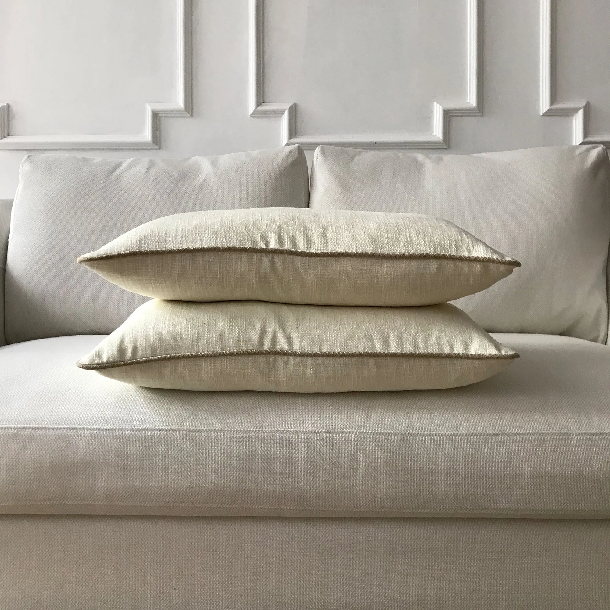 Ivory Solid Linen Lumbar Pillow Cover with Cord 15x26