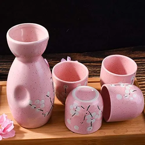 Japanese Sake set, 1 Sake Bottle and 4 Sake Cups for Wine Sake (Pink)