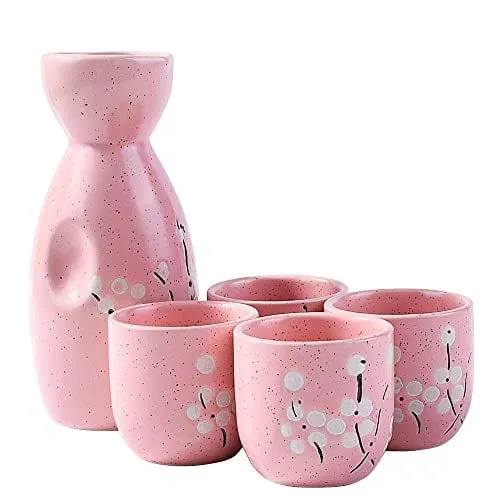 Japanese Sake set, 1 Sake Bottle and 4 Sake Cups for Wine Sake (Pink)