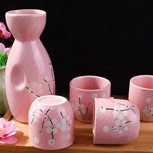 Japanese Sake set, 1 Sake Bottle and 4 Sake Cups for Wine Sake (Pink)