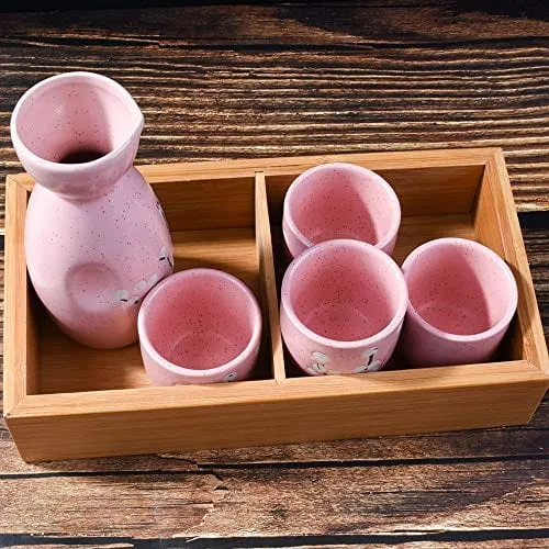 Japanese Sake set, 1 Sake Bottle and 4 Sake Cups for Wine Sake (Pink)