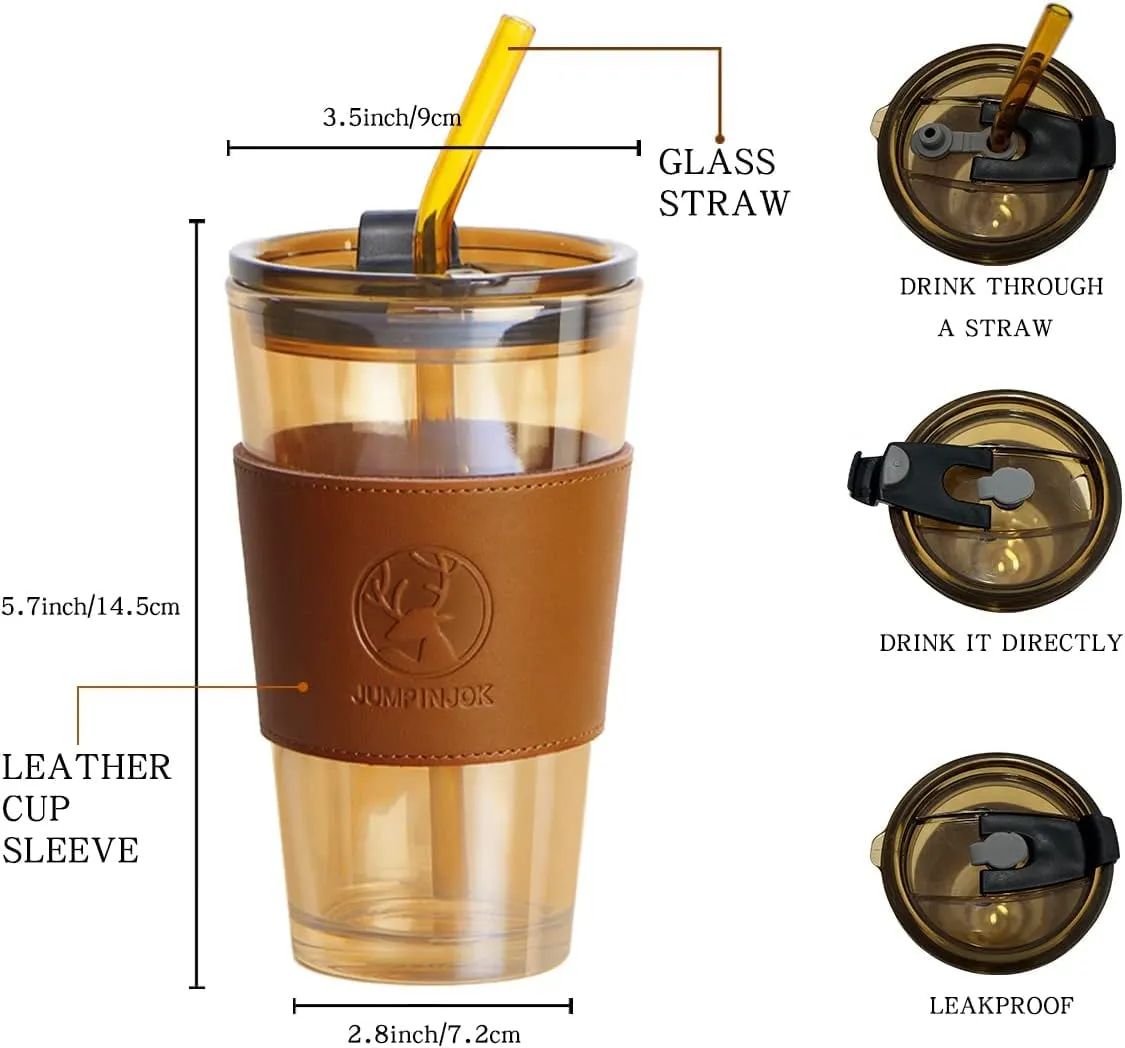 KELVEE Reusable Glass Tumbler with Leather Grip Airtight Pack of 1,Multipurpose Drinking Coffee Sipper Mug with Lid and Straw for Juice Water Smoothies Cocktail Home & Travel Bottle (Brownie)