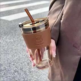 KELVEE Reusable Glass Tumbler with Leather Grip Airtight Pack of 1,Multipurpose Drinking Coffee Sipper Mug with Lid and Straw for Juice Water Smoothies Cocktail Home & Travel Bottle (Brownie)