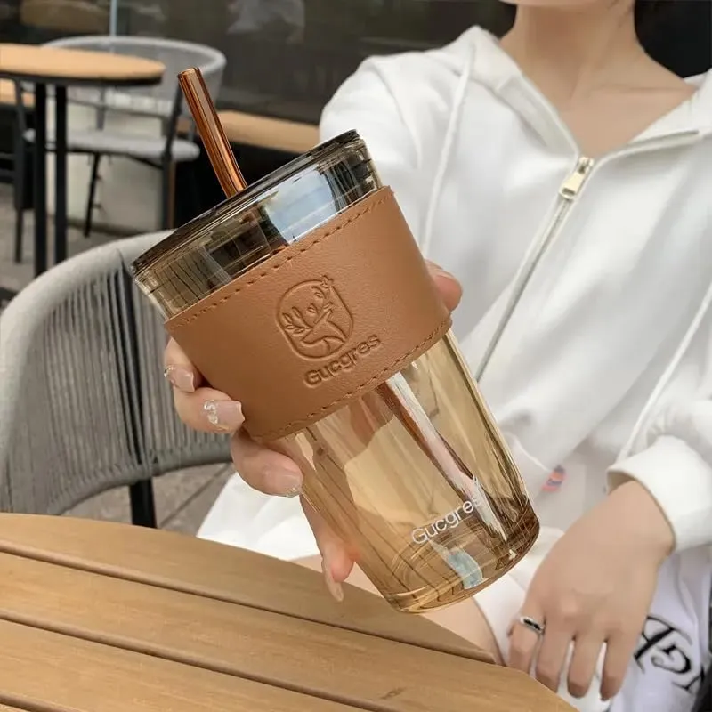 KELVEE Reusable Glass Tumbler with Leather Grip Airtight Pack of 1,Multipurpose Drinking Coffee Sipper Mug with Lid and Straw for Juice Water Smoothies Cocktail Home & Travel Bottle (Brownie)