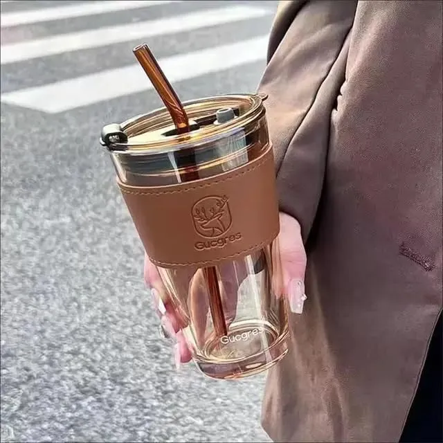 KELVEE Reusable Glass Tumbler with Leather Grip Airtight Pack of 1,Multipurpose Drinking Coffee Sipper Mug with Lid and Straw for Juice Water Smoothies Cocktail Home & Travel Bottle (Brownie)