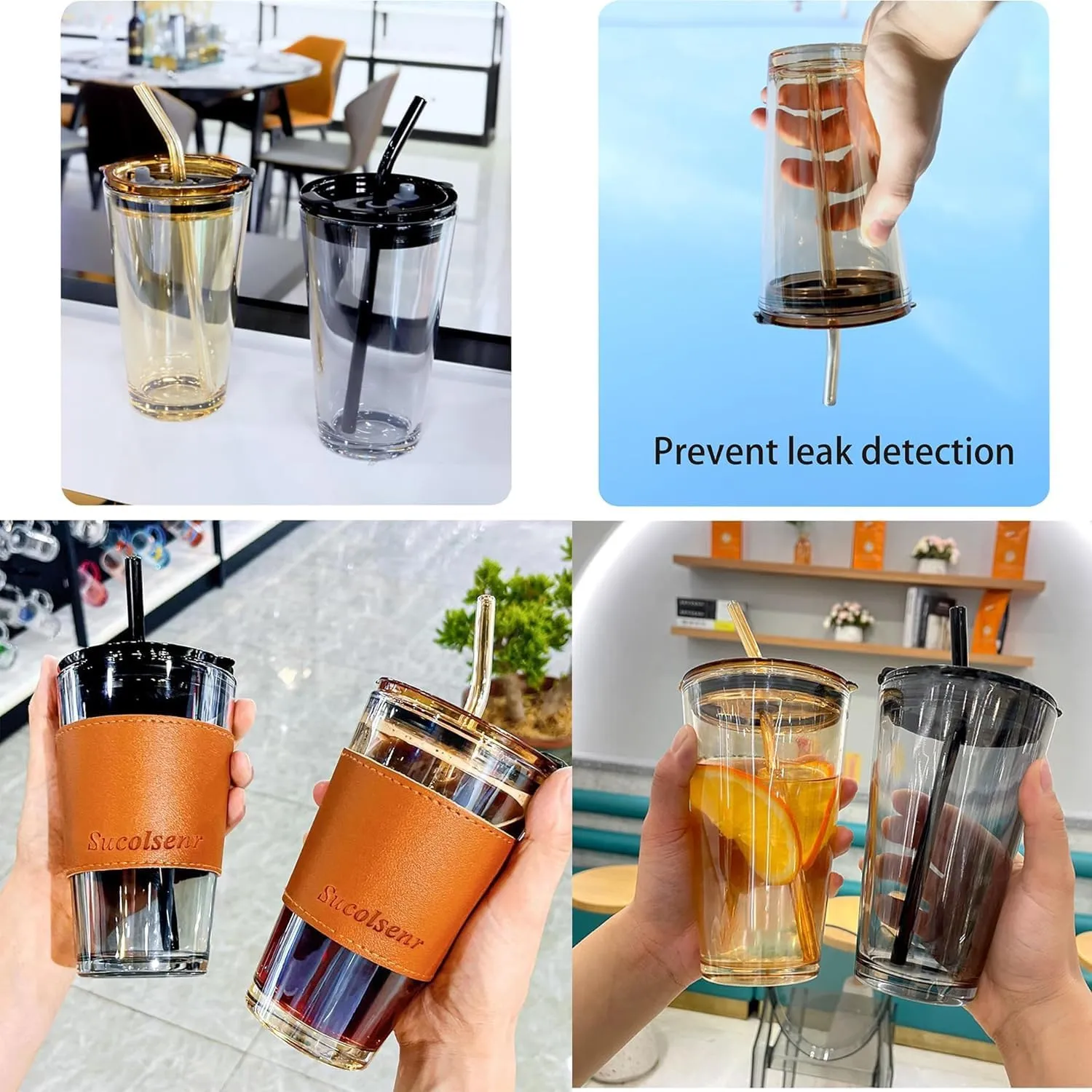 KELVEE Reusable Glass Tumbler with Leather Grip Airtight Pack of 1,Multipurpose Drinking Coffee Sipper Mug with Lid and Straw for Juice Water Smoothies Cocktail Home & Travel Bottle (Brownie)