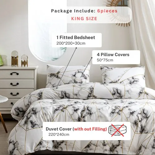 King size 6 pieces Bedding Set without filler, Geometric Marble Design