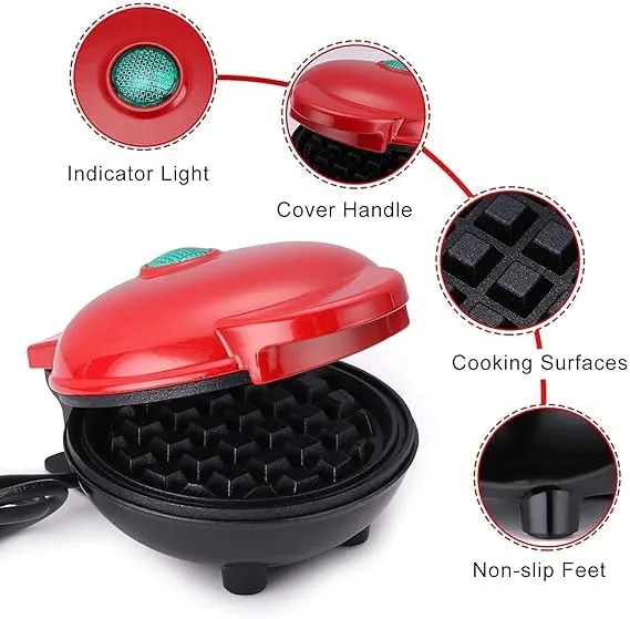 KrissKross Mini Waffle Maker 4 Inch- 350 Watts: for Individual Belgian Waffles, Pan Cakes, Paninis or Other Snacks Stainless Steel Non-Stick Electric Iron Machine - Tangy Red