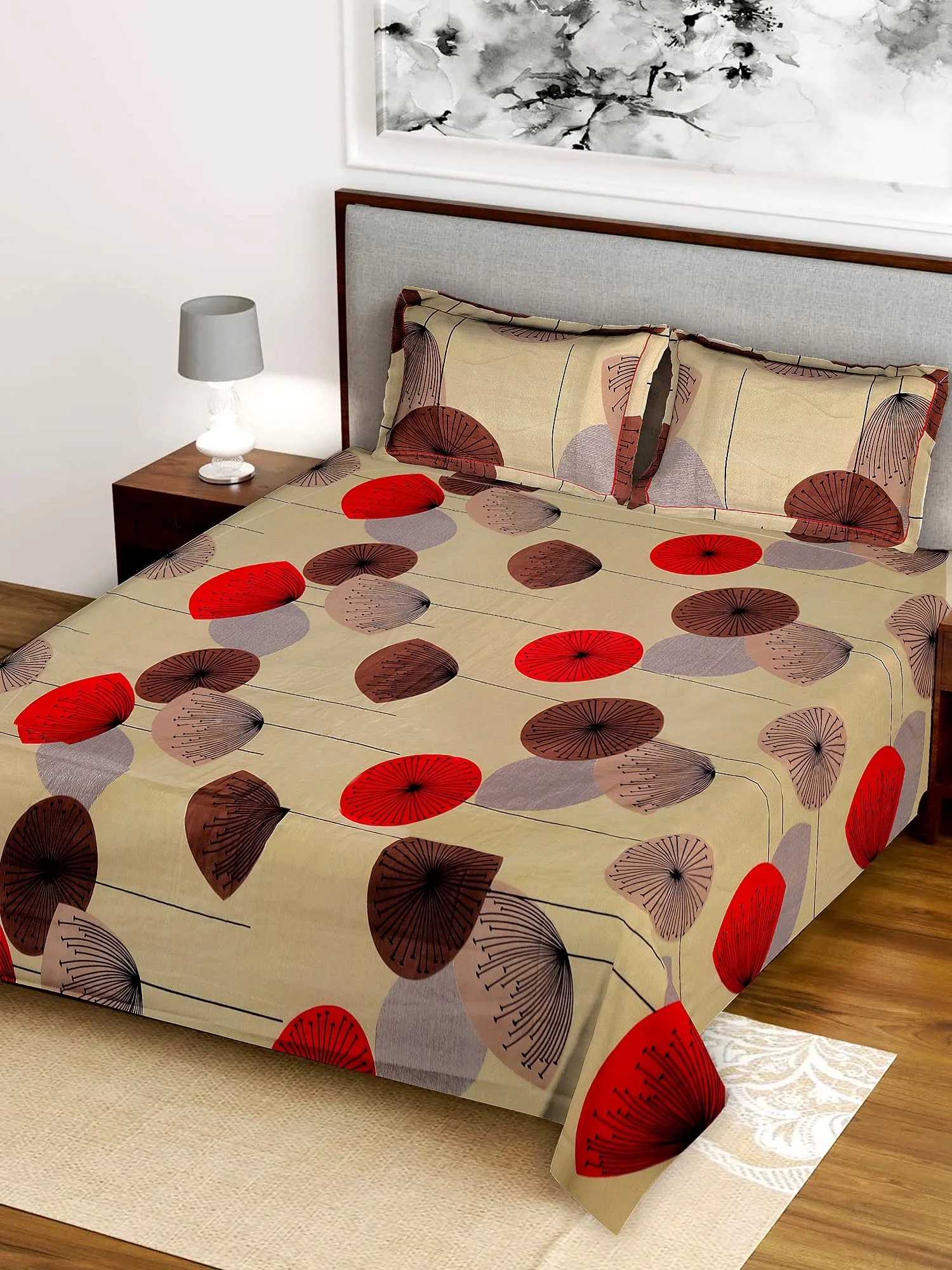 Kuber Industries Double Bedsheet|Glace Cotton Mushroom Print Bedsheet with 2 Pillow Covers for Living Room|Bedroom|90x100 Inch (Brown)