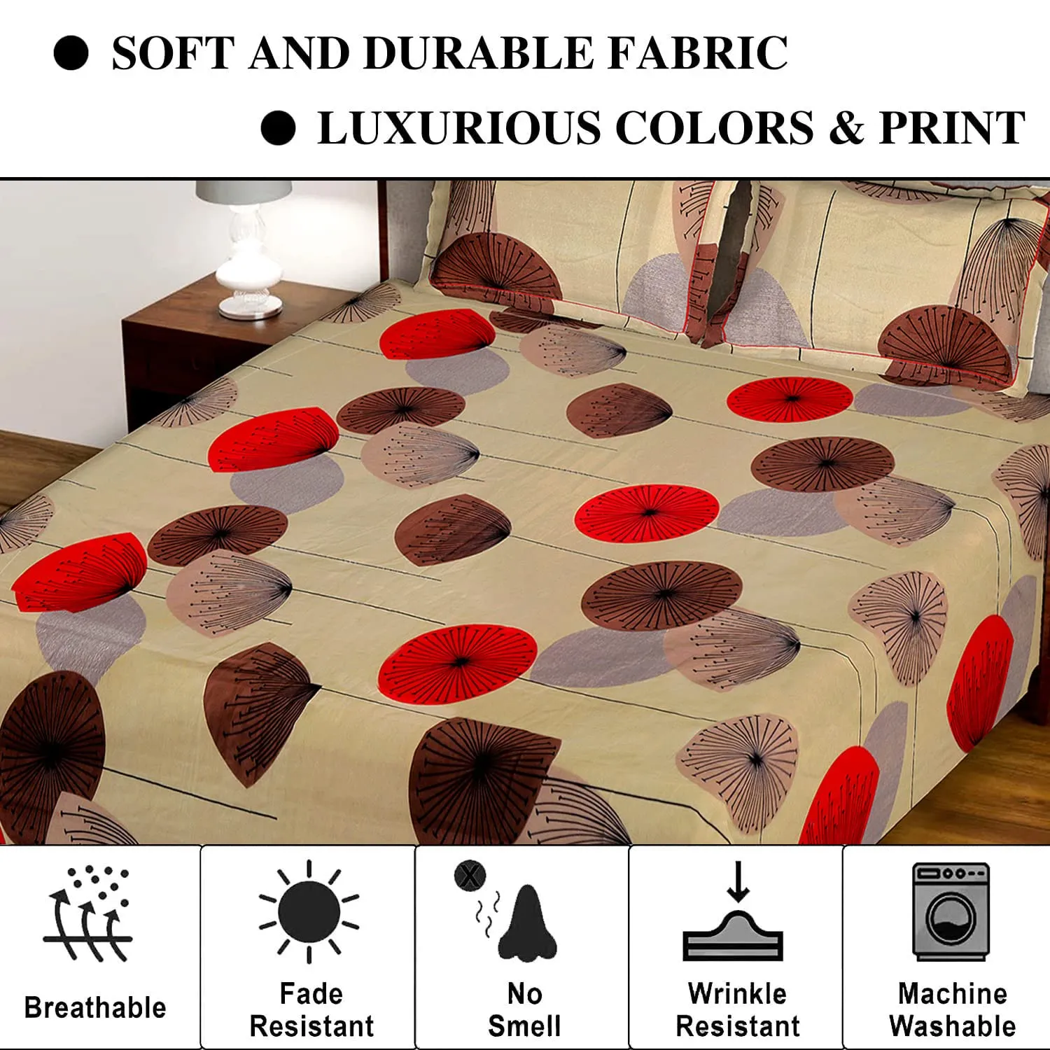 Kuber Industries Double Bedsheet|Glace Cotton Mushroom Print Bedsheet with 2 Pillow Covers for Living Room|Bedroom|90x100 Inch (Brown)