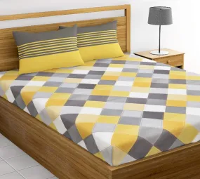 LORETO – A QUALITY LINEN BRAND 144 TC Cotton King Bedsheet with 2 Pillow Covers - Yellow & Grey, Checkered