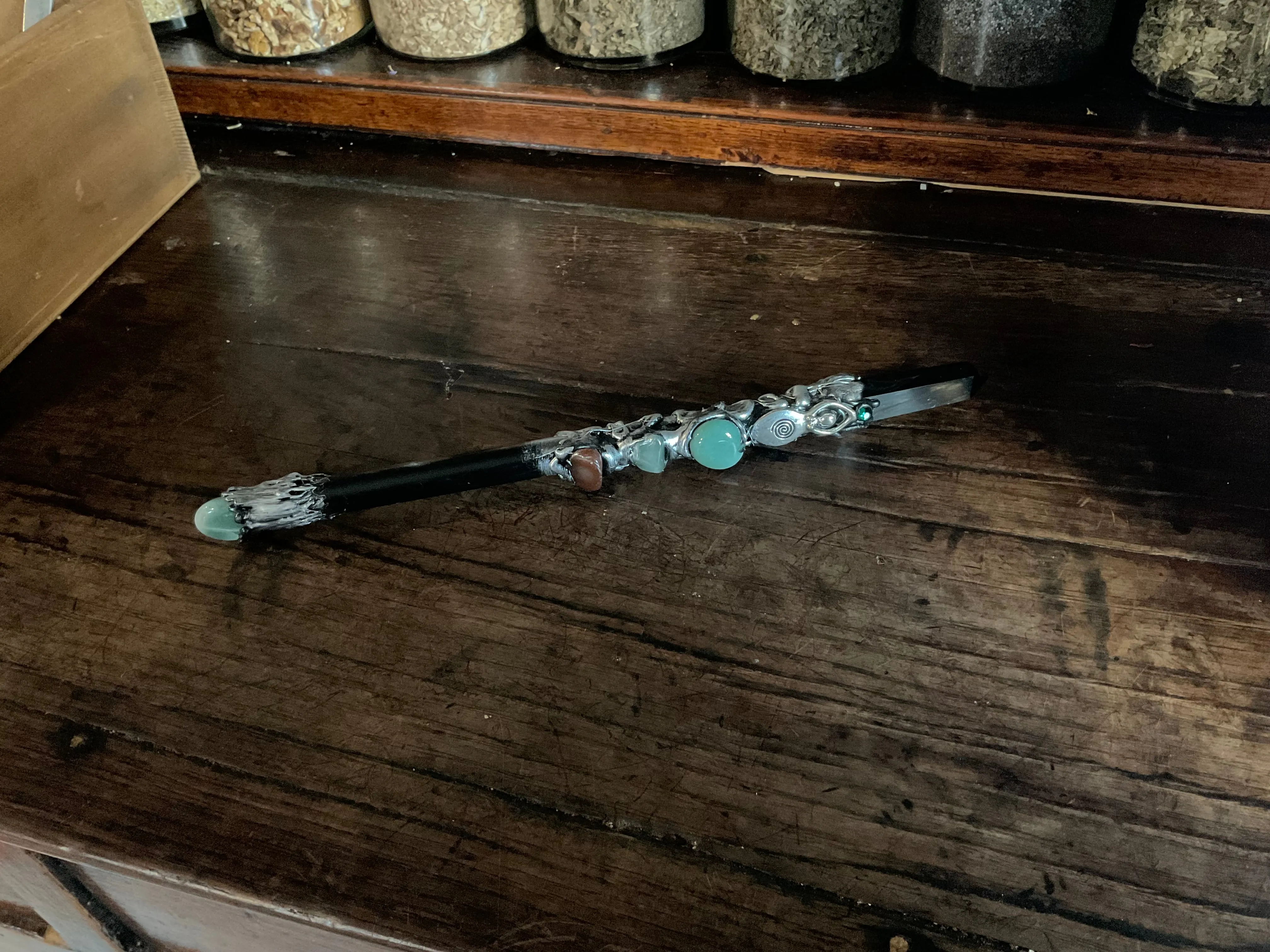 Magick Wand - Black Obsidian with Silver Spiral Goddess