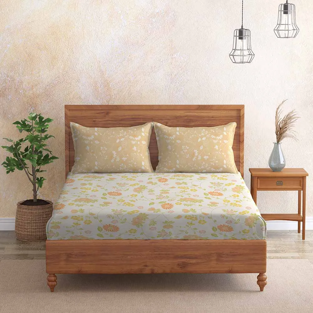 Morning Glory Yellow 100% Cotton Super Soft Antibacterial Bedsheet Set - Grandeur Prime