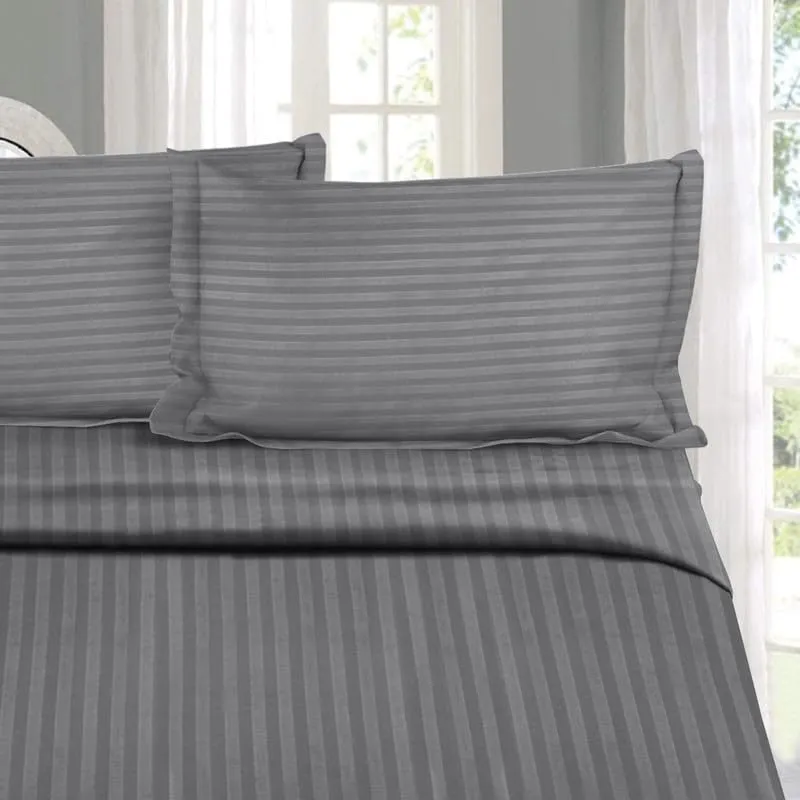 Naksh Elastic Fitted Bedsheets King Size 78 x 72 Inch, 210 TC Stripes Pure Cotton, Grey | 1 King Size Bedsheet with Elastic Fitted and 2 Pillow Covers