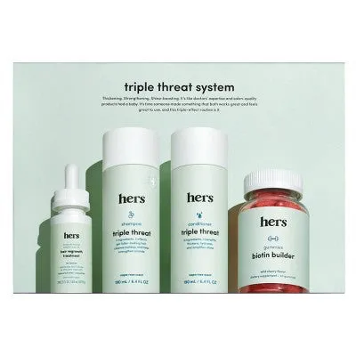 New - hers Triple Threat System Total Hair Package to Supports Hair Growth Minoxidil 2%, Shampoo, Conditioner, Biotin Hair Kit - 4pc