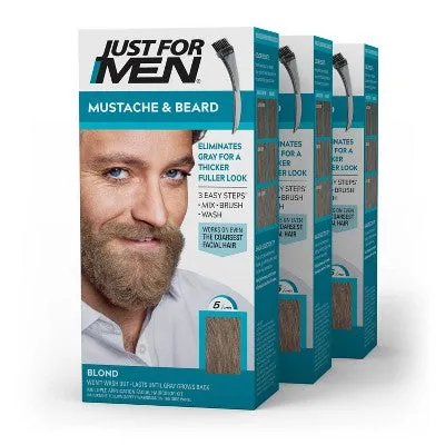 New - Just For Men Mustache & Beard Coloring for Gray Hair with Brush Included - Blond M10/15 - 3pk