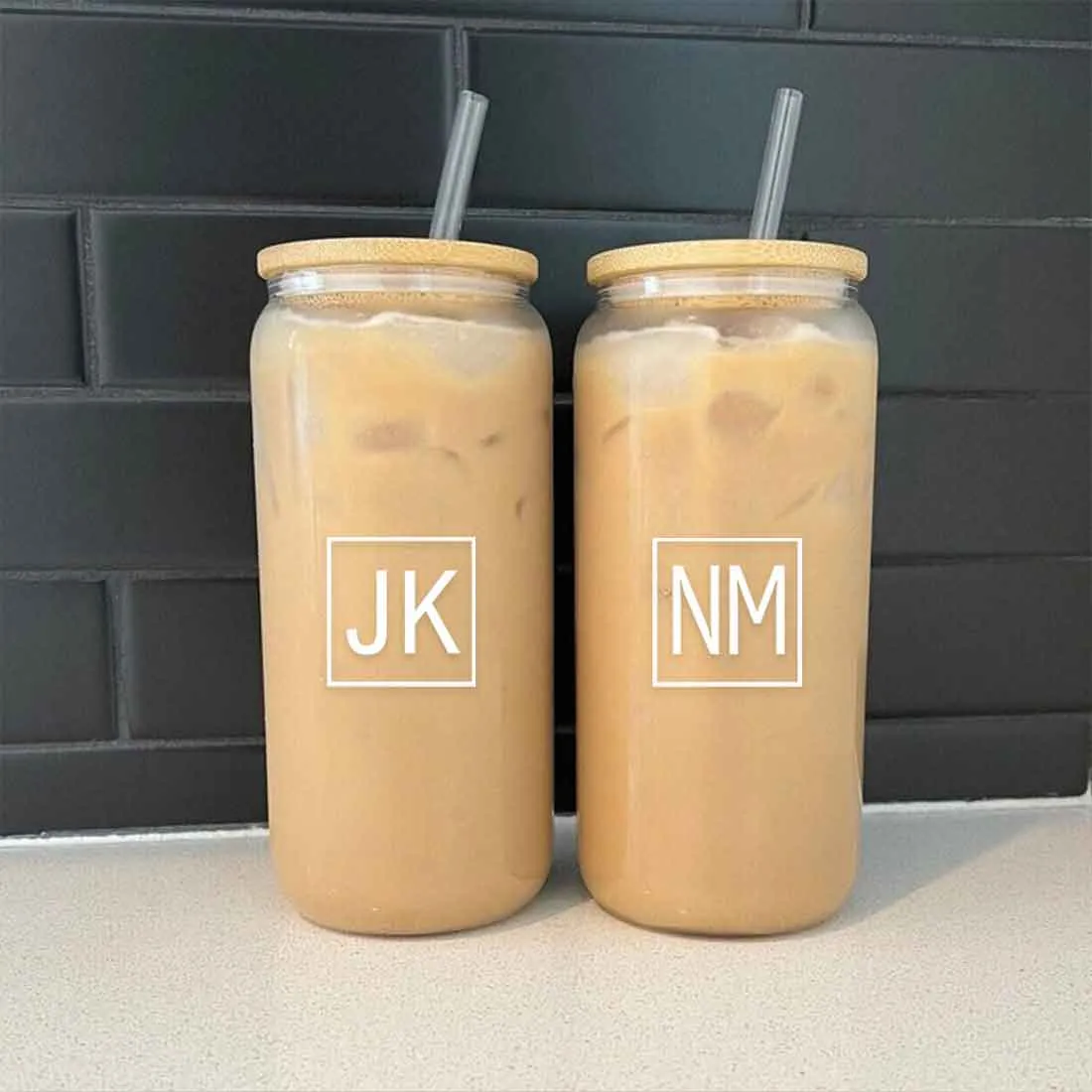 Nutcase Personalized Drinking Glass with Bamboo Lid and Metal Straw