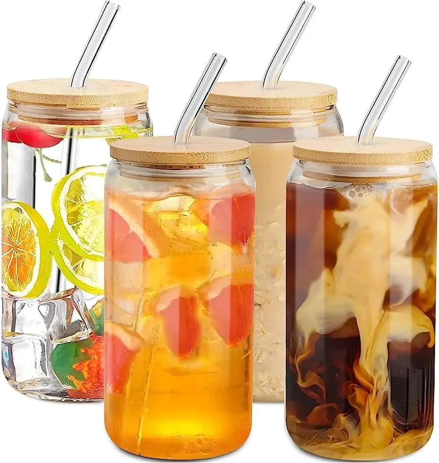 OM RADHEY Drinking Glasses with Bamboo Lid and Glass Straw Pack of 1, Beer Glass Tumbler Sipper for Mojito Soda Smoothies Whiskey Iced Coffee Cocktail Tea Juice (Heterx 1)