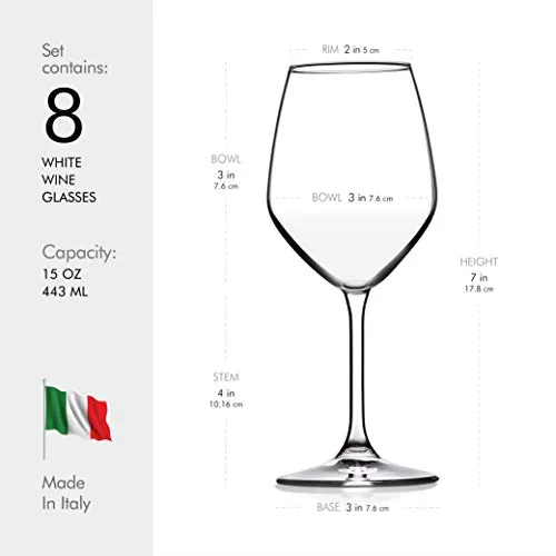 Paksh Italian White Wine Glasses - 15 Ounce - Lead Free - Shatter Resistant - Wine Glass, Clear (Set of 8)