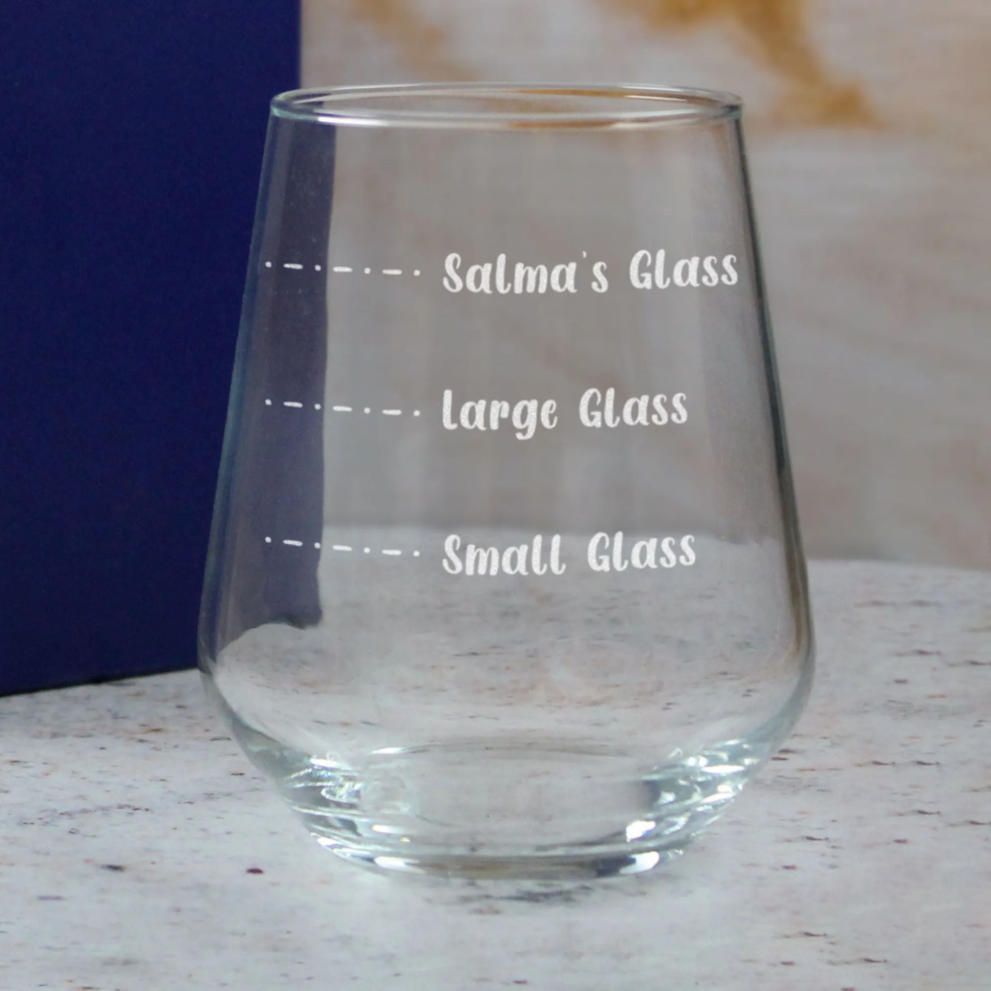 Personalised Engraved Stemless Allegra Wine Glass with Name's Glass Handwritten Measurements Design, Customise with Any Name