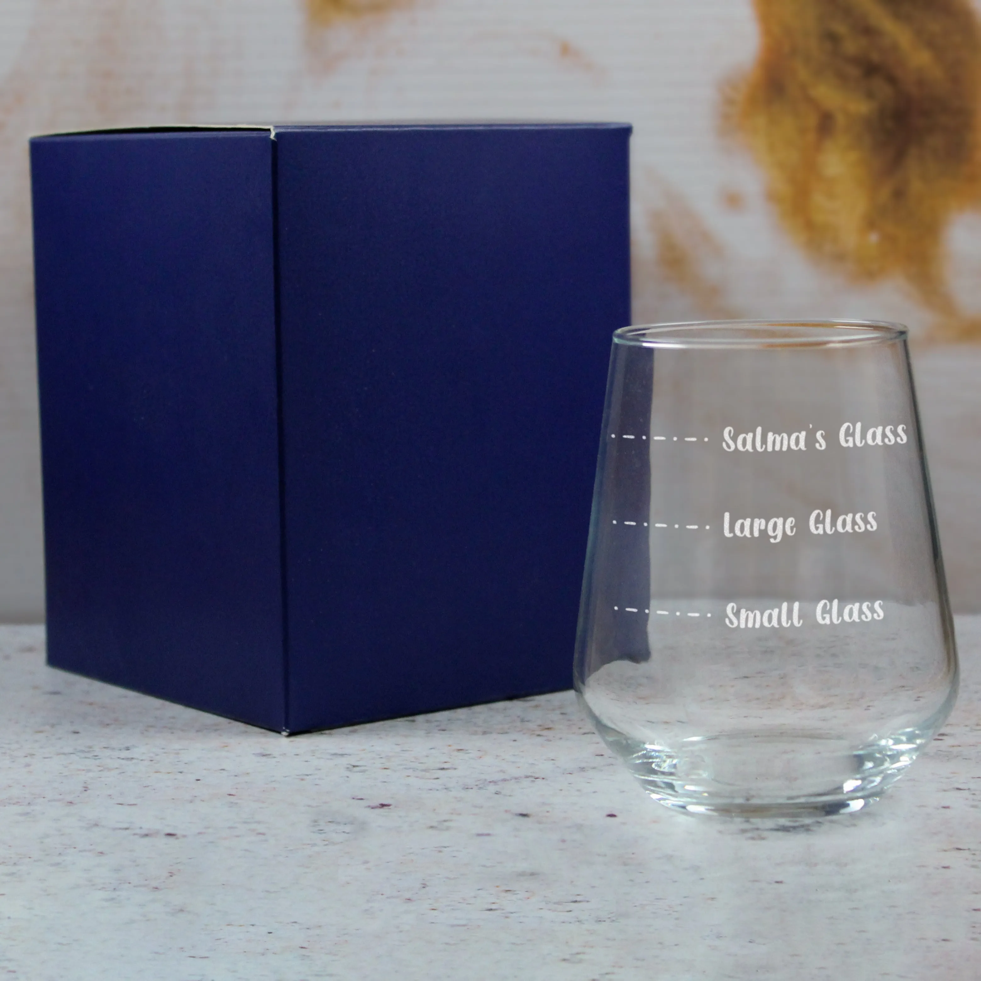 Personalised Engraved Stemless Allegra Wine Glass with Name's Glass Handwritten Measurements Design, Customise with Any Name