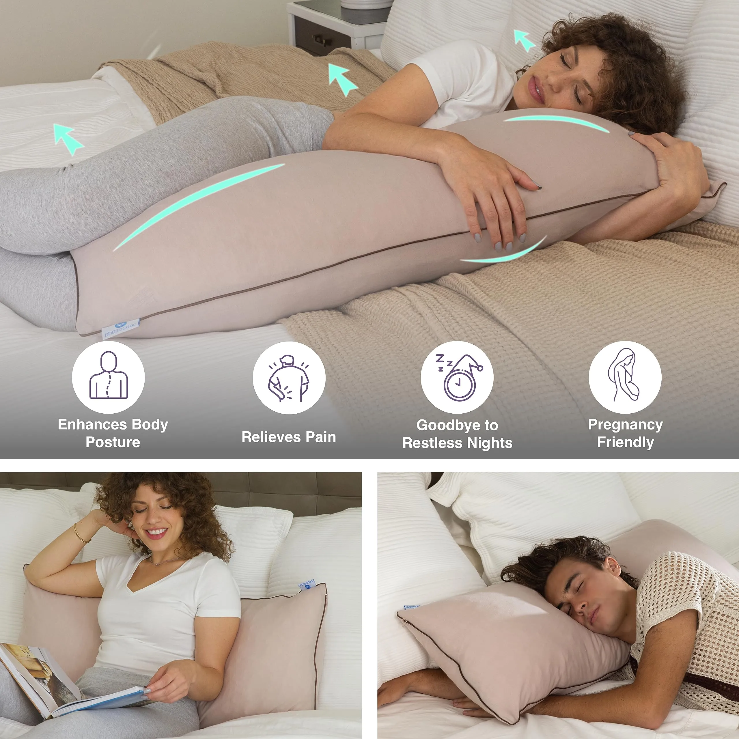 Pharmedoc Body Pillow - Memory Foam Pillow -  Maternity and Pregnancy Pillows for Sleeping - Side Sleeper Pillow - Shredded Memory Foam - Pregnancy Must Haves