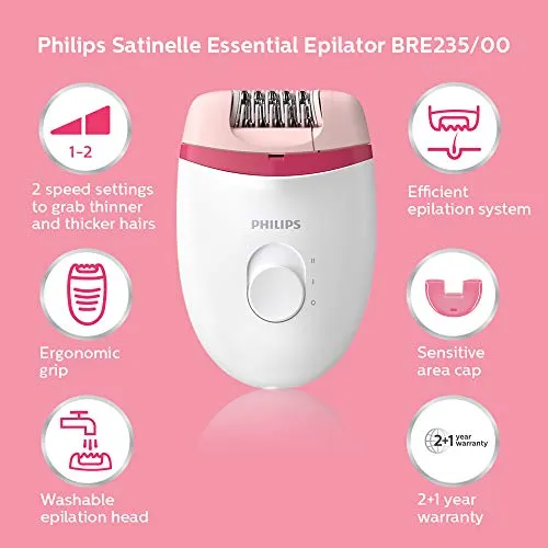 Philips BRE235/00 Corded Compact Epilator (White and Pink) For Gentle Hair Removal at Home