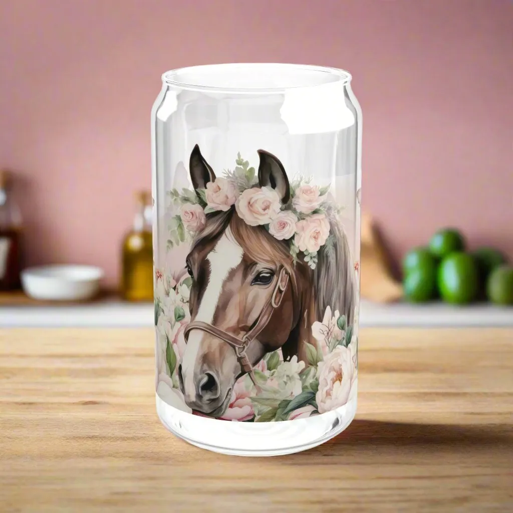 Pink Floral Horse lovers Sipper Glass, 16oz