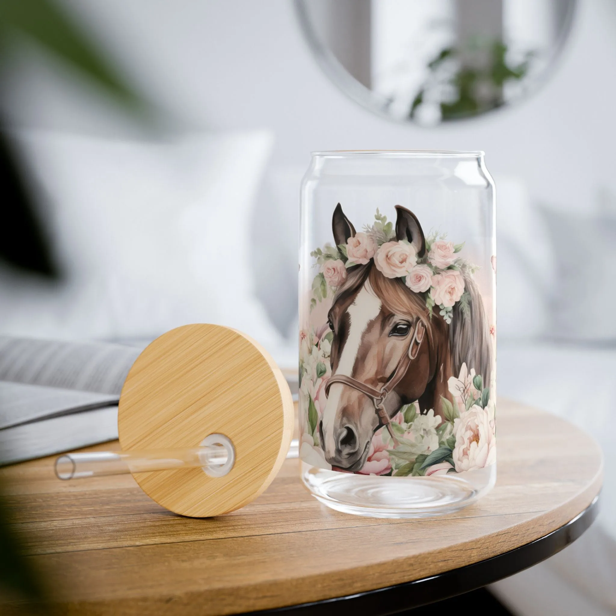 Pink Floral Horse lovers Sipper Glass, 16oz