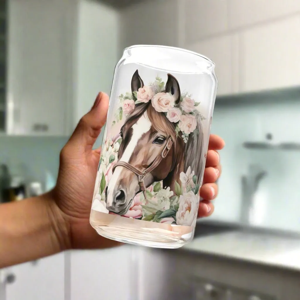 Pink Floral Horse lovers Sipper Glass, 16oz