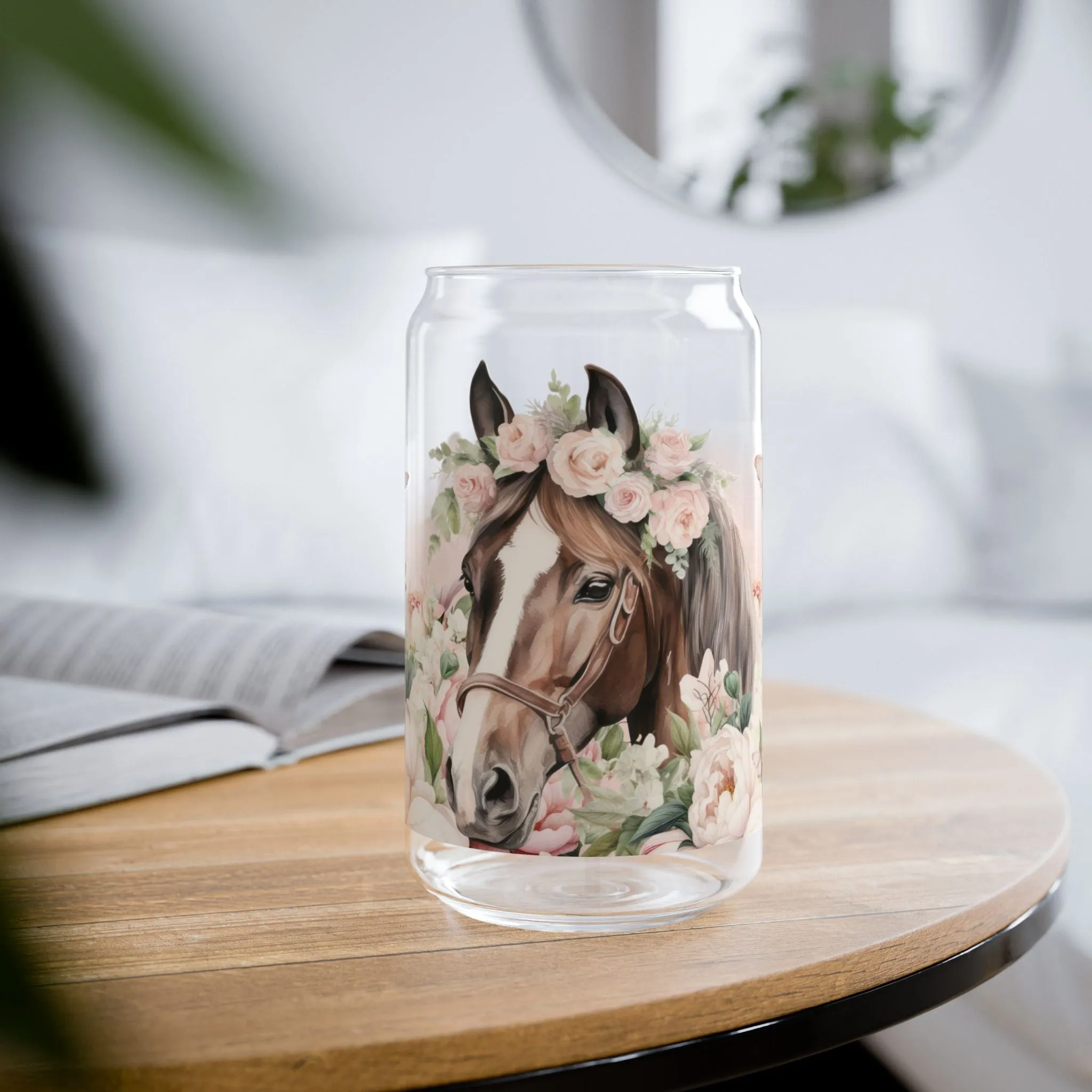 Pink Floral Horse lovers Sipper Glass, 16oz