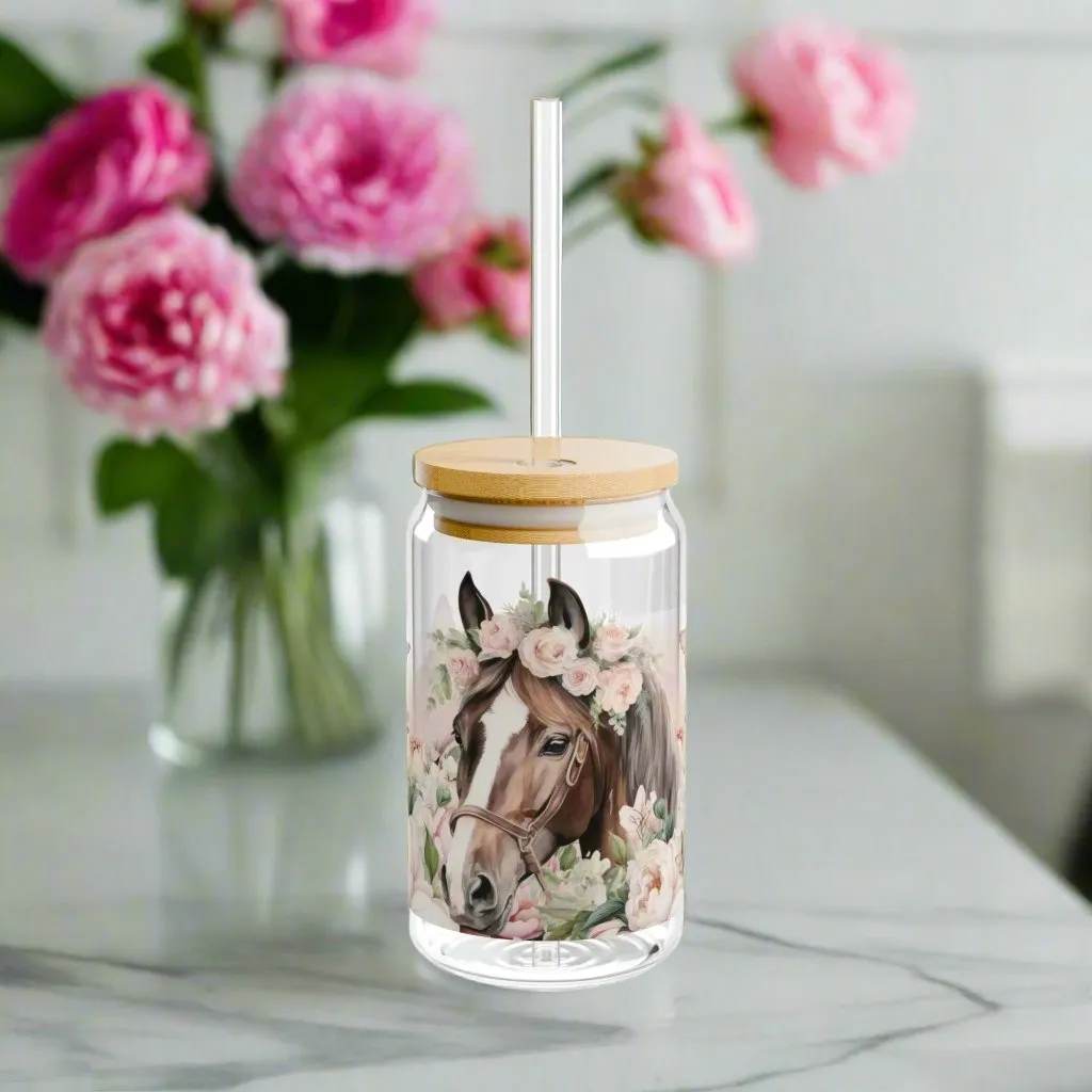 Pink Floral Horse lovers Sipper Glass, 16oz