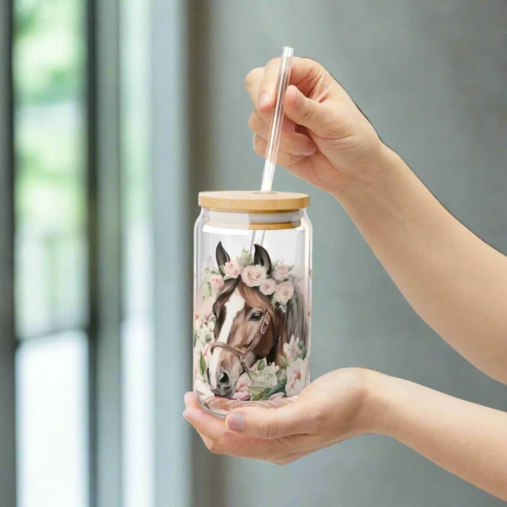 Pink Floral Horse lovers Sipper Glass, 16oz