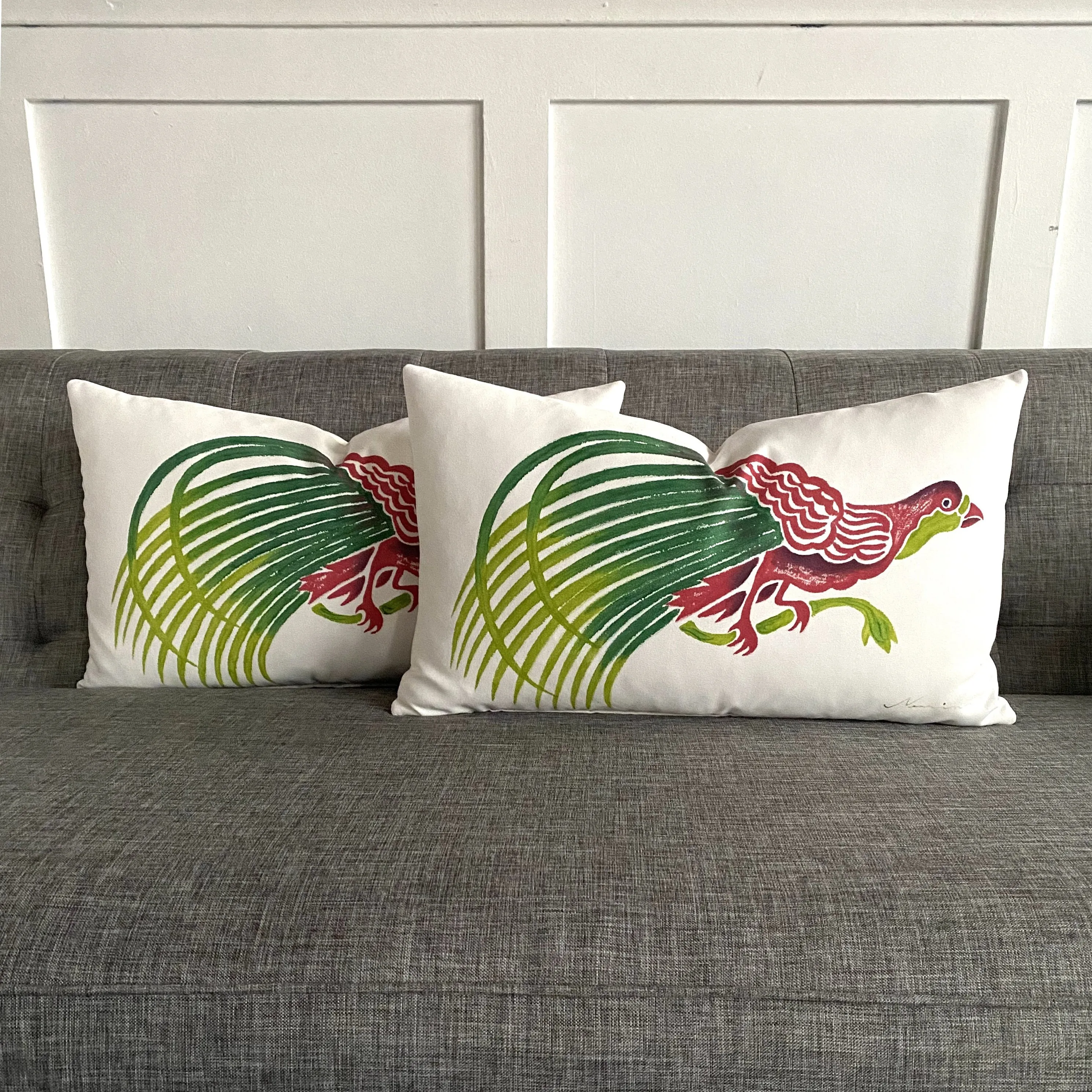 Playful Hand-Painted Peacock Lumbar Pillow Cover 13x22