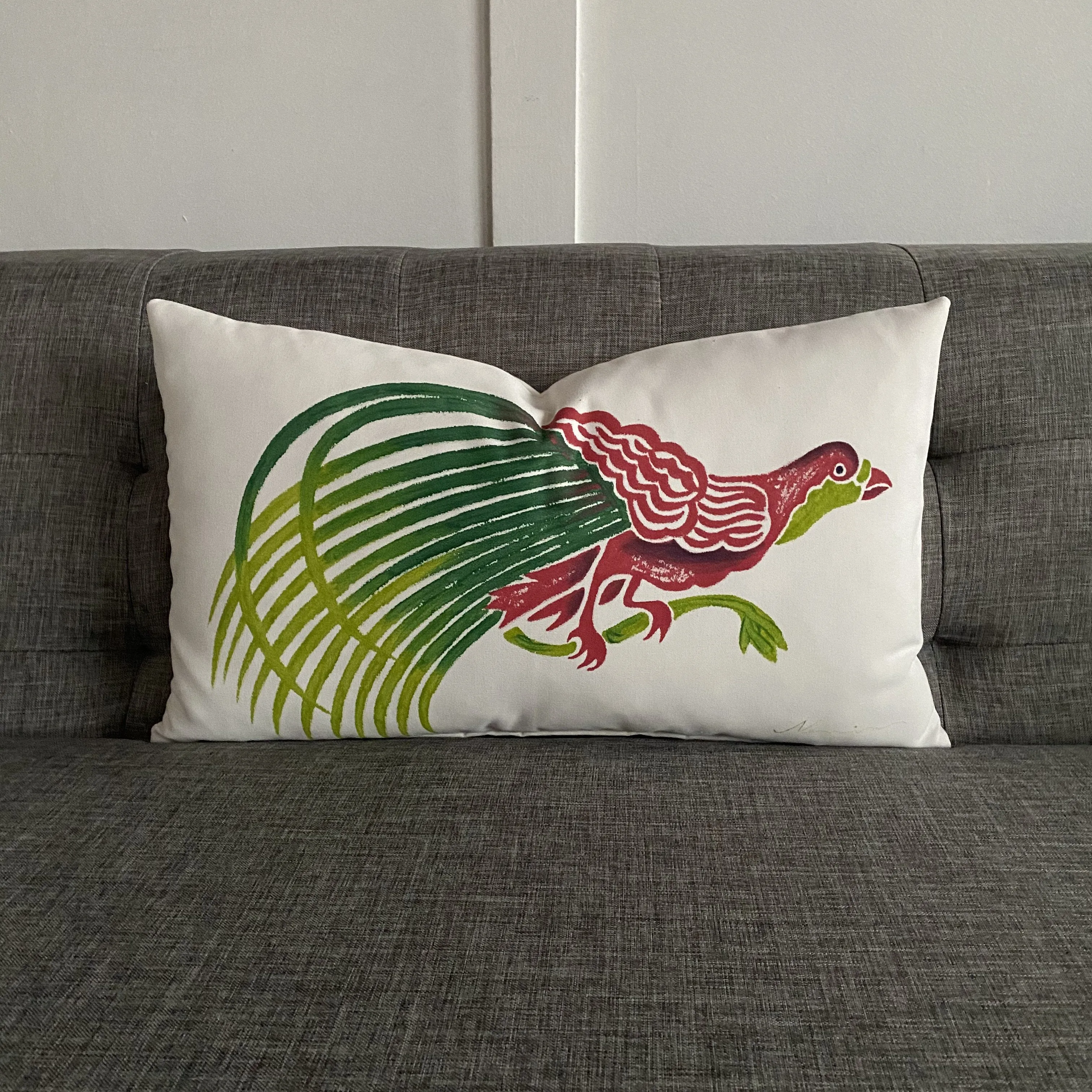 Playful Hand-Painted Peacock Lumbar Pillow Cover 13x22