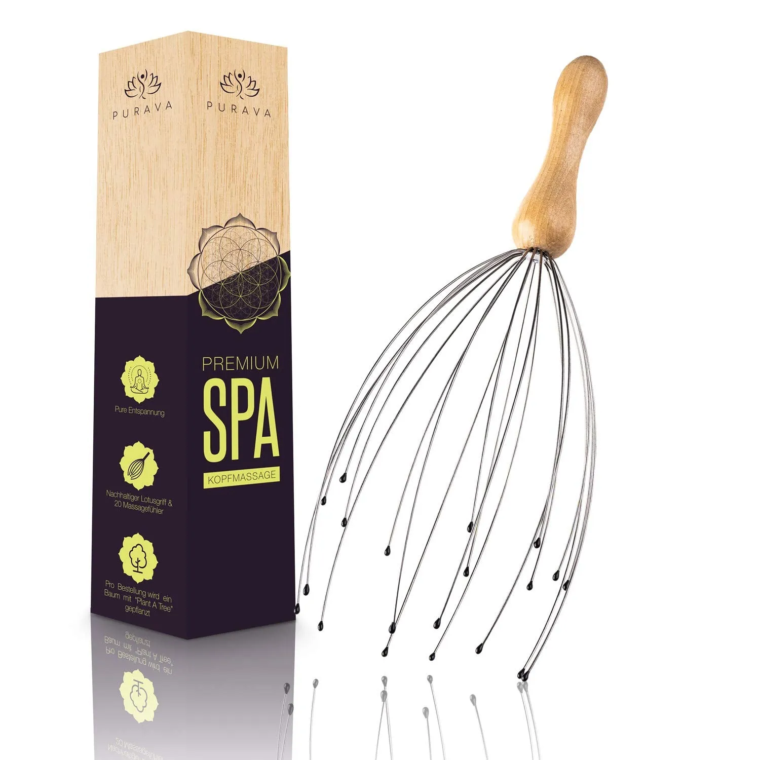 PURAVA (Original) Head Massager with Wooden Handle and Improved Design, Head Scratcher