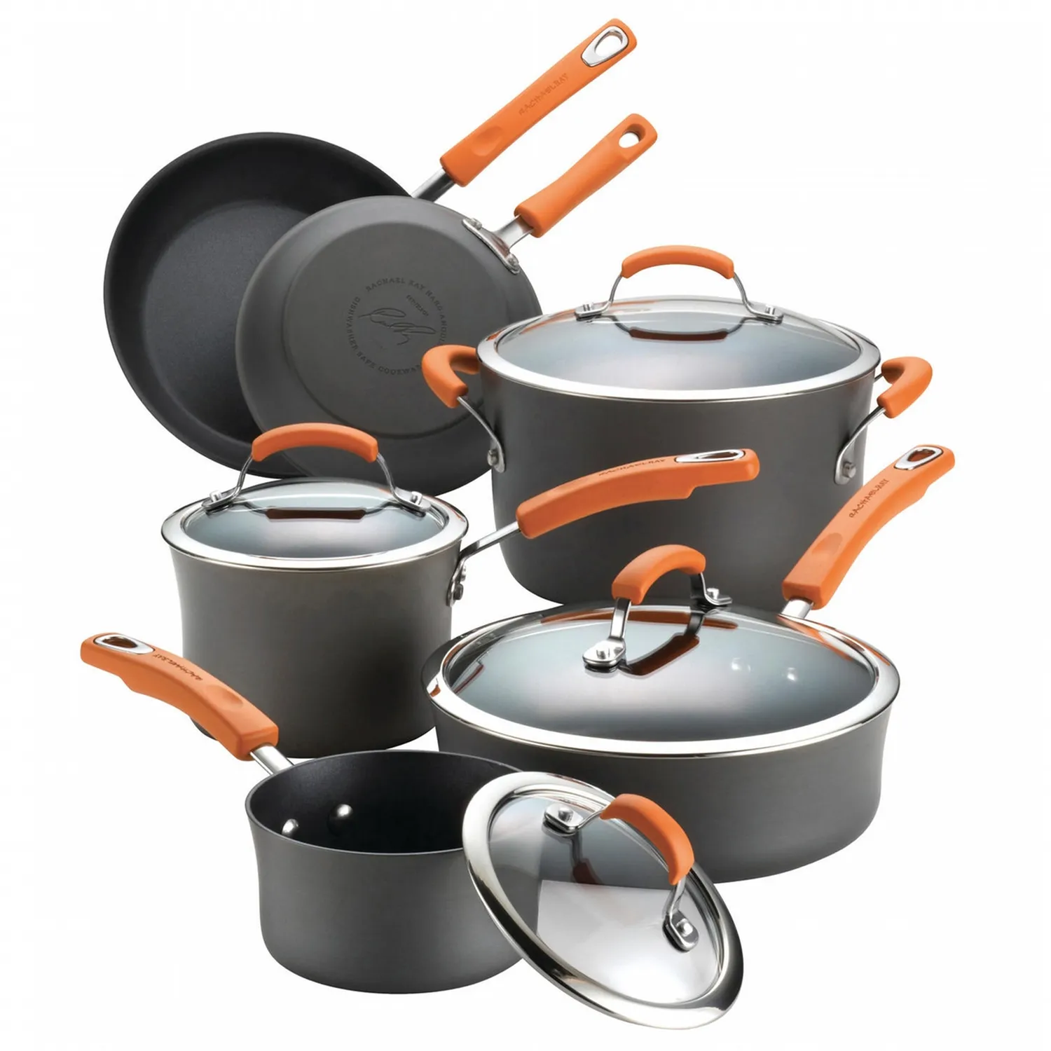 Rachael Ray Hard-Anodized Ii 10-Piece Cookware Set, Gray With Orange Handles