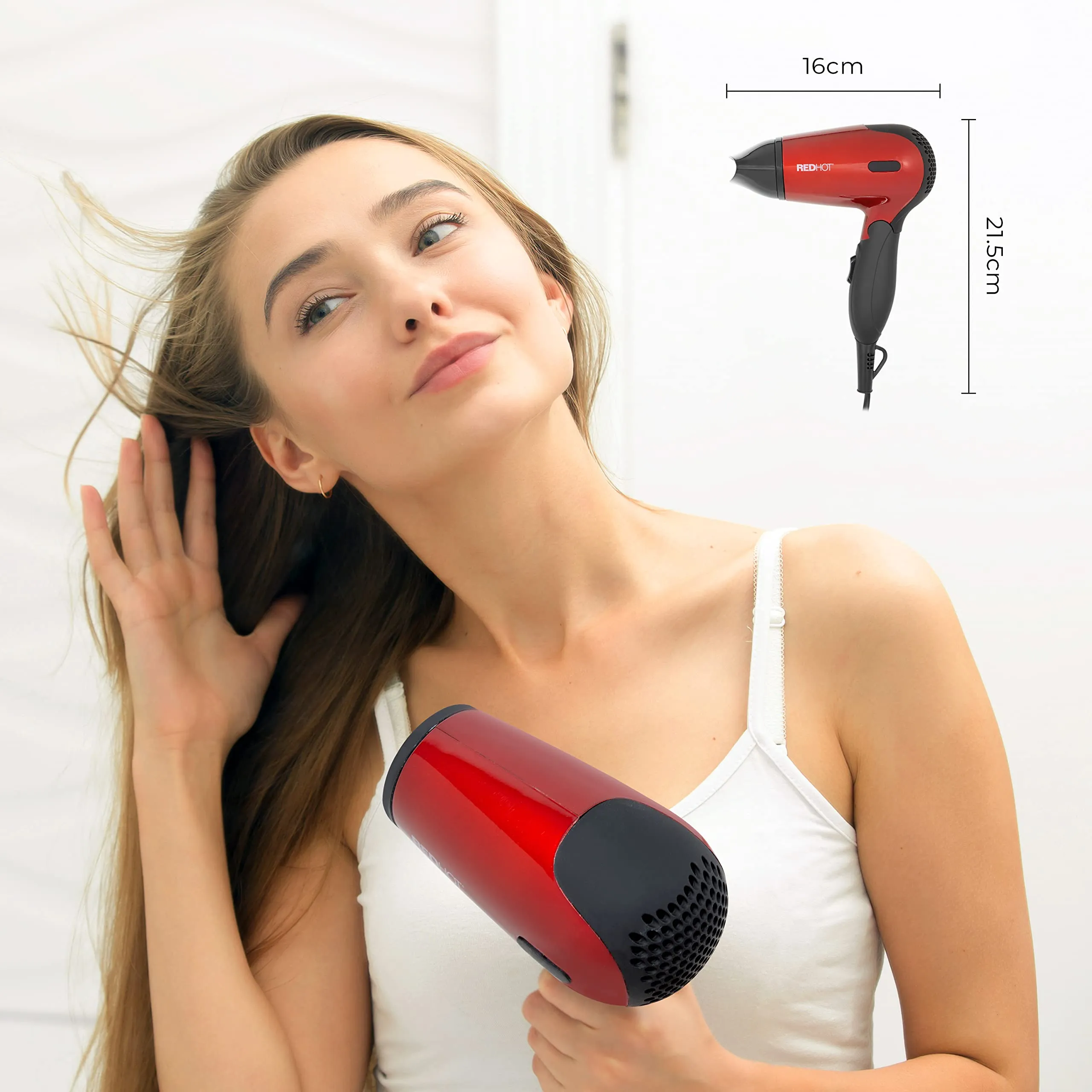 Red Hot 37070 1200W Travel Hair Dryer with Folding Handle/Dual Voltage / 2 Heat Settings/Compact & Lightweight/Red Coloured