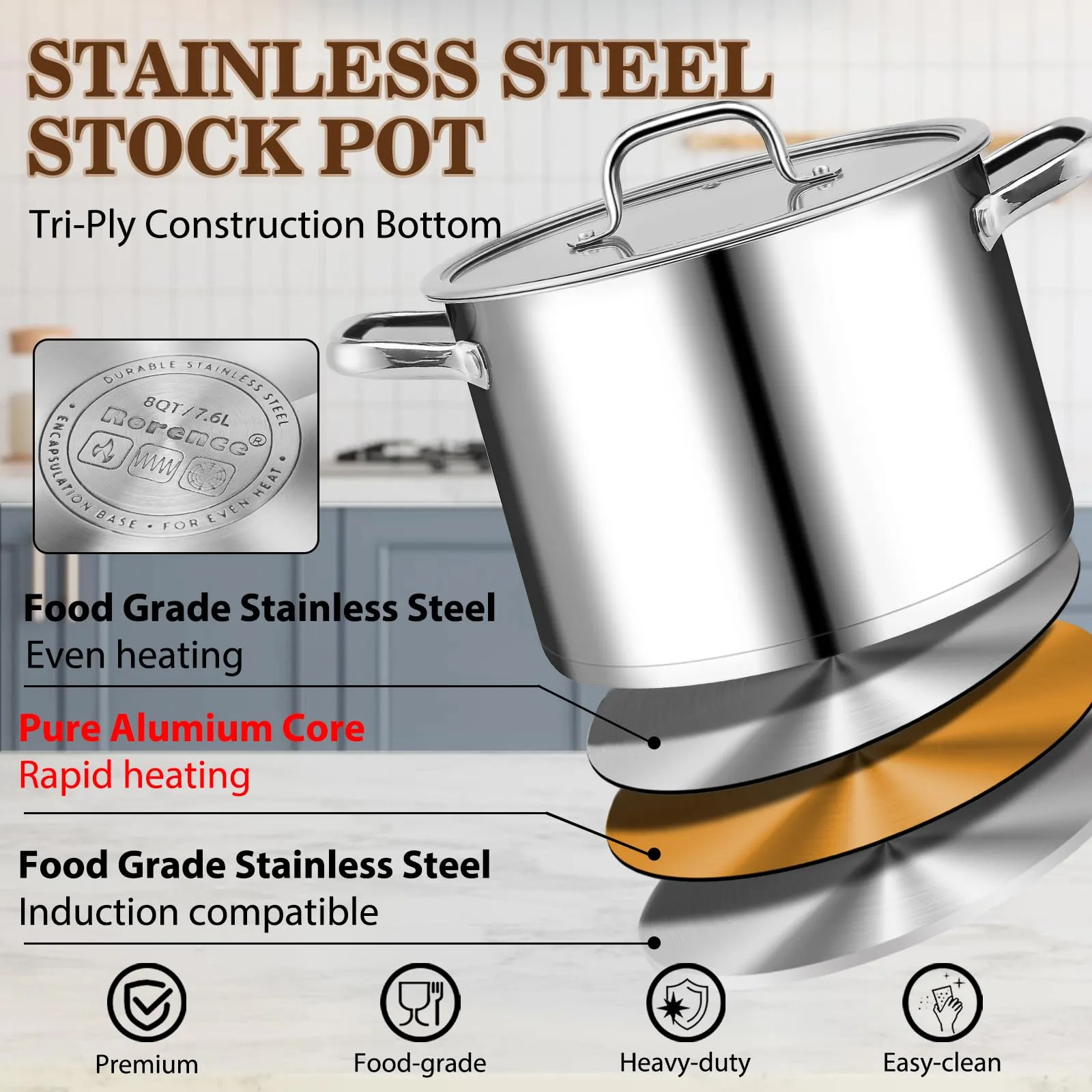 Rorence Cooking Pots Stainless Steel, Large Stock Pot with Clear Transparent Tempered Glass Lid - 6qt / 8qt