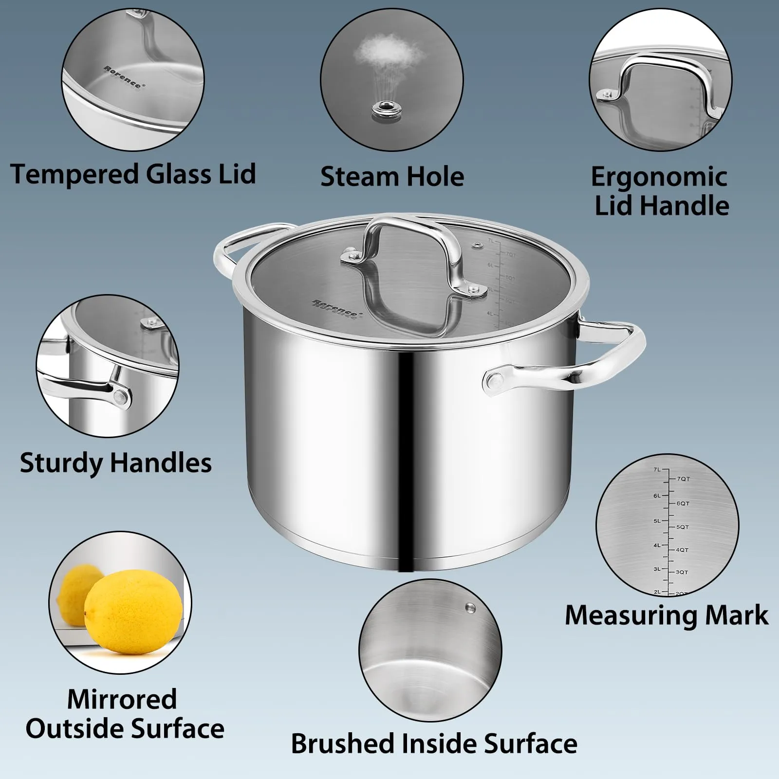 Rorence Cooking Pots Stainless Steel, Large Stock Pot with Clear Transparent Tempered Glass Lid - 6qt / 8qt